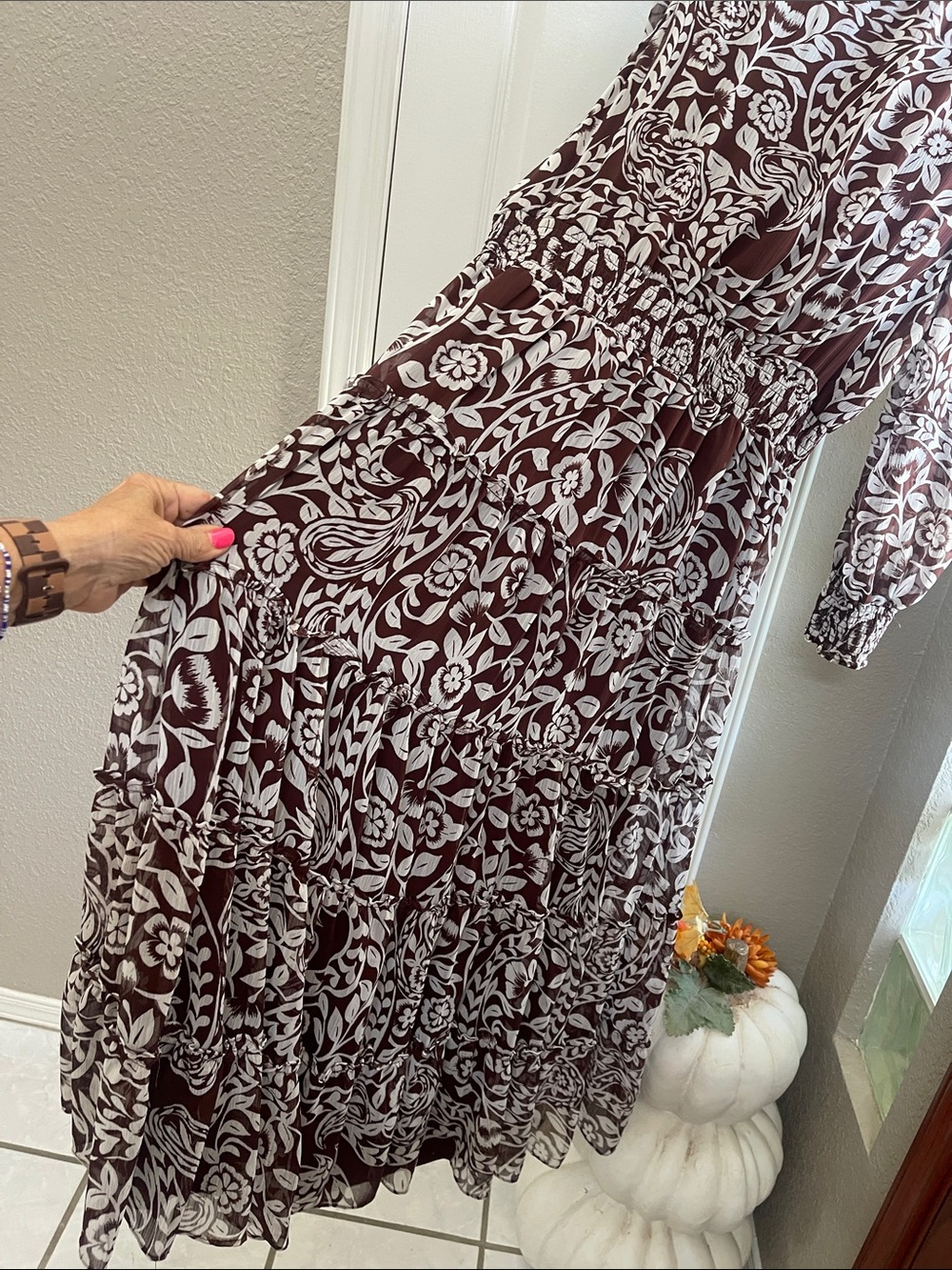 MSK Brown & White Floral Paisley Maxi Dress with Tie Neck &Elastic waist band. - Picture 6 of 12